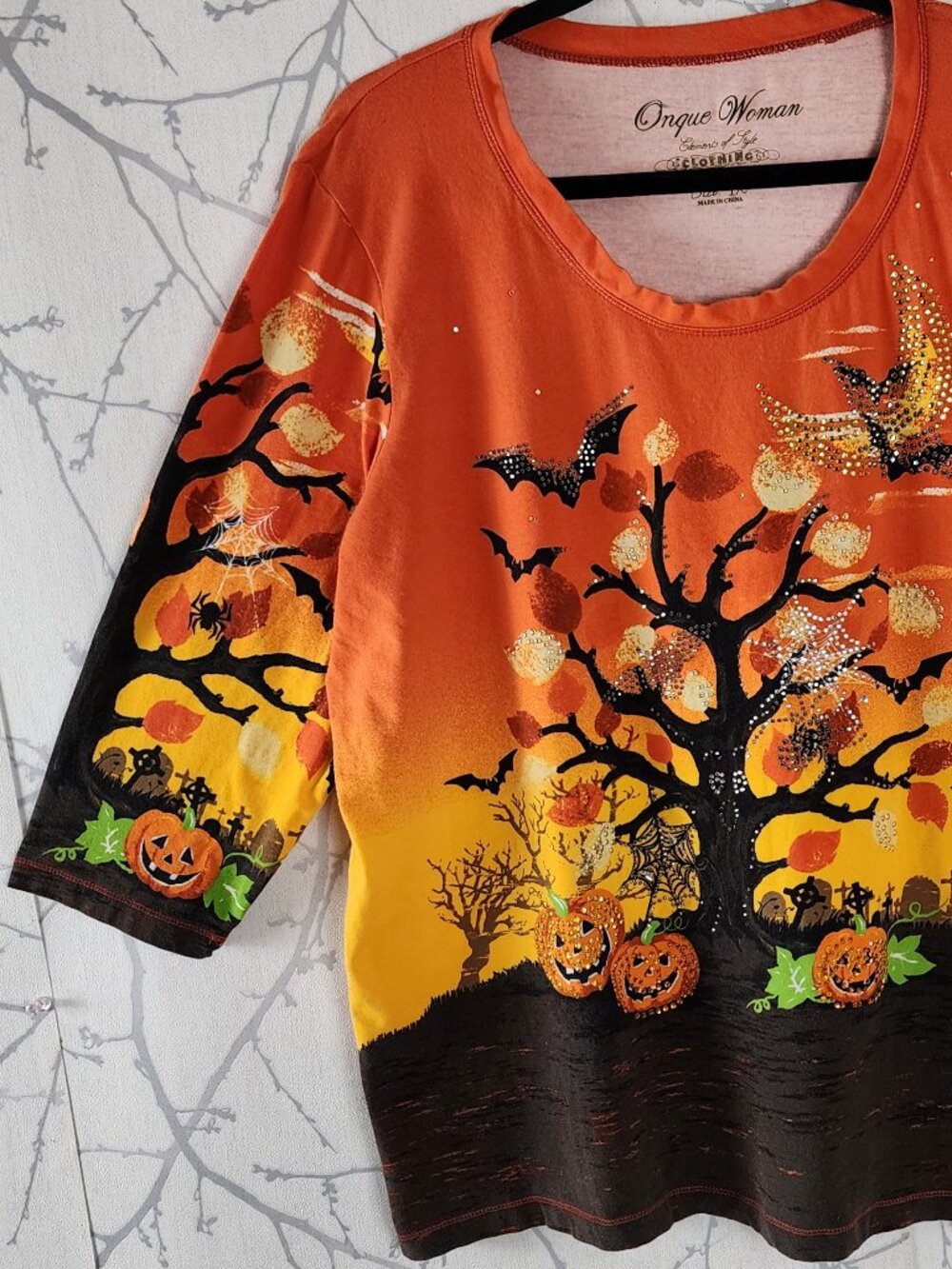 Onque Woman Spooky Halloween Rhinestone Cotton Stretch Jersey Tee